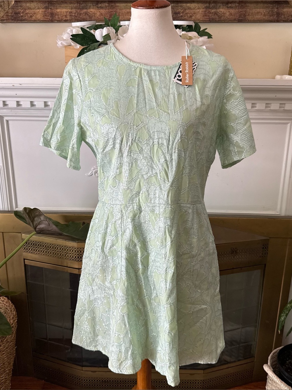 NWT Roller Rabbit mint green heart metallic brocade shift dress